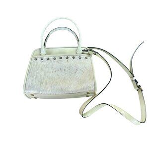 Patricia Nash Cream Stone Leather Satchel Gold Accented Cow Horse Hair W/ Bling